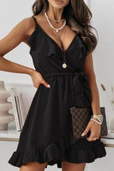 Robe irrégulière unie à col en V et fente